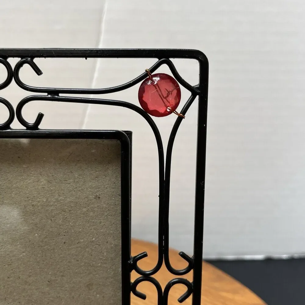 Vintage Black Scrollwork Metal Frame w/Translucent Red Gem Cabochons 3.5 x 5